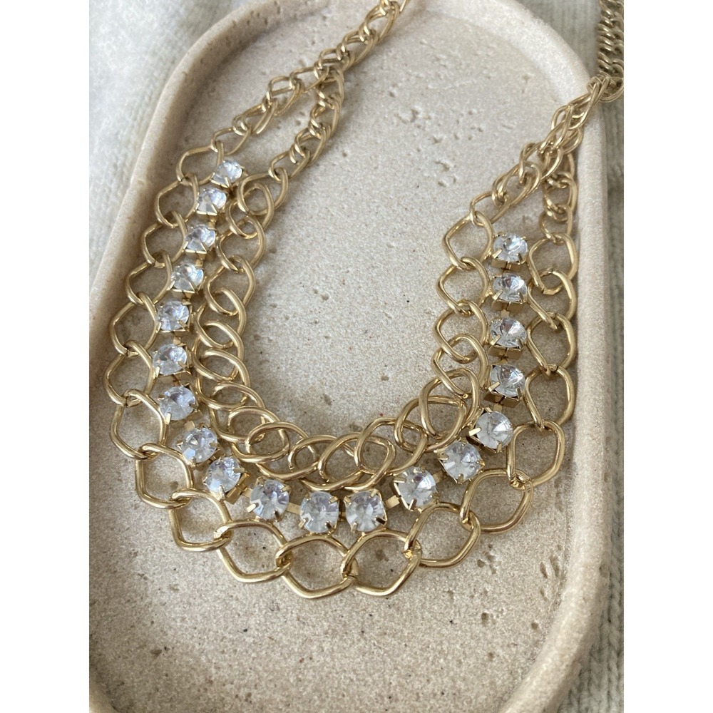 Gold Tone Clear Rhinestone‎ Chain Necklace Multi Strand Statement Bold Runway
